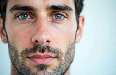 Obraz premium Close-up of a young man with blue eyes and dark hair looking directly at the camera