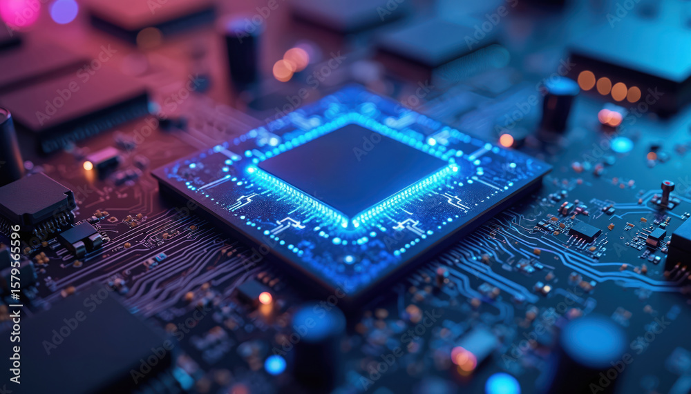 Poster futuristic microchip with glowing blue lights. advanced technology concept featuring semiconductor p