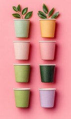 Pastel Colored Cups with Green Leaves Arranged Vertically on a Pink Background