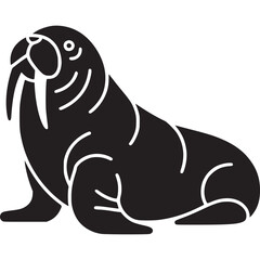 A black and white graphic illustration of a walrus with tusks and line details on its body shape on transparent background