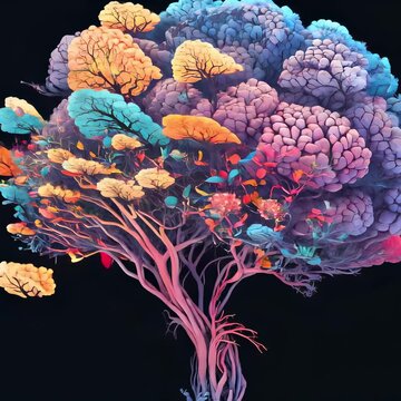 Human brain tree with flowers mental health, self care concept, positive thinking, creative mind, ADHD, schizophrenia, depression, Anxiety, panic attacks, Voices in my head, Neurodiversity