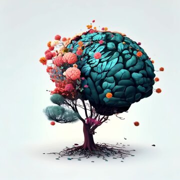 Human brain tree with flowers mental health, self care concept, positive thinking, creative mind, ADHD, schizophrenia, depression, Anxiety, panic attacks, Voices in my head, Neurodiversity
