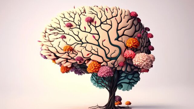 Human brain tree with flowers mental health, self care concept, positive thinking, creative mind, ADHD, schizophrenia, depression, Anxiety, panic attacks, Voices in my head, Neurodiversity