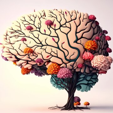 Human brain tree with flowers mental health, self care concept, positive thinking, creative mind, ADHD, schizophrenia, depression, Anxiety, panic attacks, Voices in my head, Neurodiversity