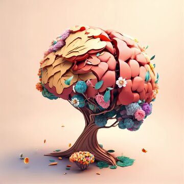 Human brain tree with flowers mental health, self care concept, positive thinking, creative mind, ADHD, schizophrenia, depression, Anxiety, panic attacks, Voices in my head, Neurodiversity