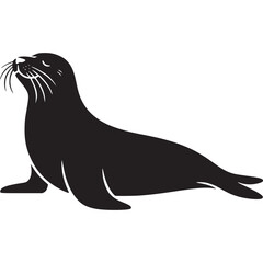 A black silhouette of a seal lying down with its head tilted back on a light gray background plain style on transparent background