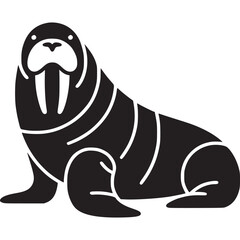 A solid black silhouette of a walrus with visible tusks and white lines on its body on white background on transparent background