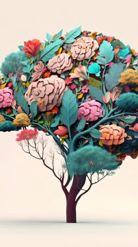 Human brain tree with flowers mental health, self care concept, positive thinking, creative mind, ADHD, schizophrenia, depression, Anxiety, panic attacks, Voices in my head, Neurodiversity