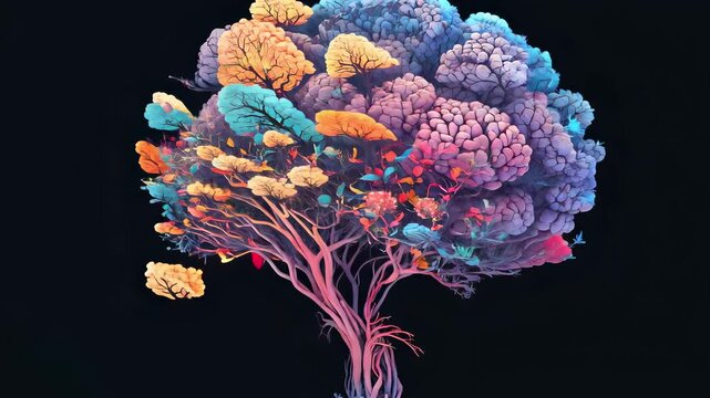 Human brain tree with flowers mental health, self care concept, positive thinking, creative mind, ADHD, schizophrenia, depression, Anxiety, panic attacks, Voices in my head, Neurodiversity
