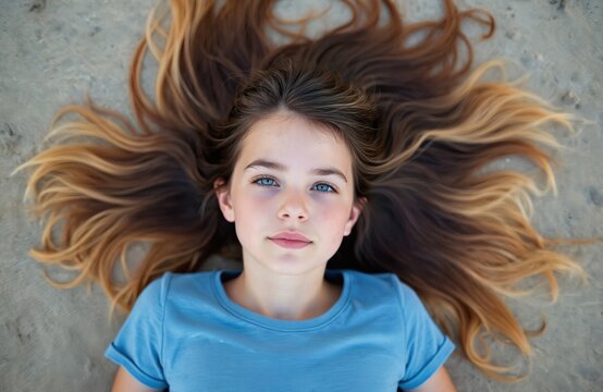 Young girl with blue eyes, long blonde hair lies on sand. Wears blue t-shirt. Hair spread out around head. Natural beauty. Childhood bliss. Summer beach relaxation. Authentic, dreamy pose. Close up - Powered by Adobe