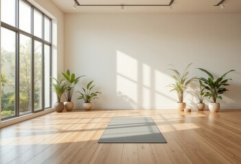 Serene Yoga Studio with Plants and Wooden Floor for Meditation, Mindfulness, Wellness, Tranquility, and Calm Indoor Health Practices