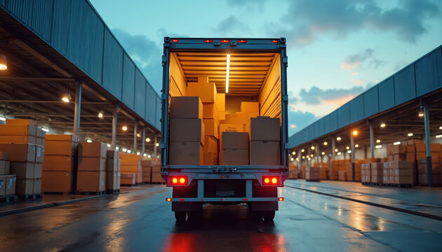 Delivery truck back view loaded with boxes, parked at warehouse facility during evening. Busy logistics operation with cargo, distribution, freight storage, industrial business. Urban transport