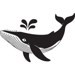 A stylized black and white illustration of a whale with water spraying from its blowhole design on transparent background