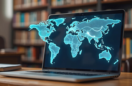 Digital world map displays on laptop screen, global online education. E-learning, virtual courses, homeschooling opportunities abound. Background features library interior with bookshelves, - Powered by Adobe