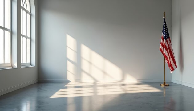 US flag stands indoors on pole within spacious room featuring large windows, customizable walls. Sunlight creates patterns of light, shadow across floor, suggesting versatile, bright, patriotic