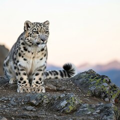 Obraz premium Snow leopard sitting on rocky terrain with mountains in background, concept of wildlife to illustrate the presentation 