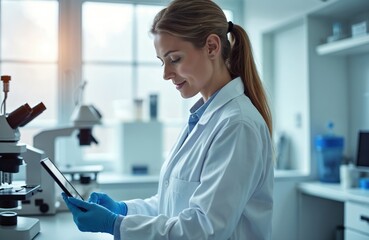 Scientist in laboratory using tablet for research, viewing medical data. Future technology in hospital setting. Swiss woman works with digital innovation, health care advancements. Medic analyzes