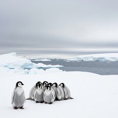 Group of penguins huddling together on the ice in Antarctica  