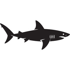 A black silhouette of a shark with visible gills and teeth swimming on a white background image view on transparent background