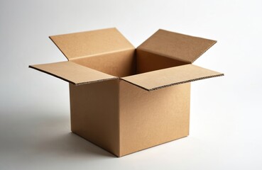 Open empty light brown cardboard box on white background. Corrugated container for shipping, delivery, product storage, logistics. Blank e-business parcel for retail and commerce.