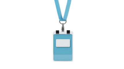 A light blue id badge with a blue lanyard hanging against a black background in studio lighting