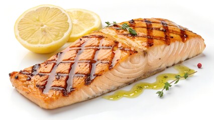 Grilled Salmon Fillet with Lemon Slices and Fresh Herb Garnish on White Background


