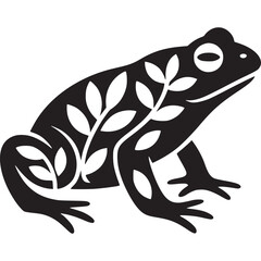 A black and white illustration of a frog decorated with leaves on a white background in a vector style on transparent background