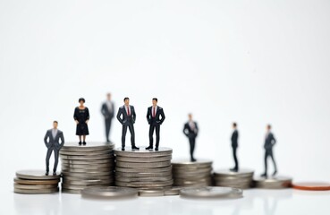 Miniature businessmen figures stand on stacks of silver coins financial planning, investment growth. Conceptual image represents business success, wealth building, economic strategy with focus on
