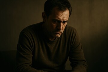 Obraz premium Pensive middle-aged man looking down in solitude with dark lighting