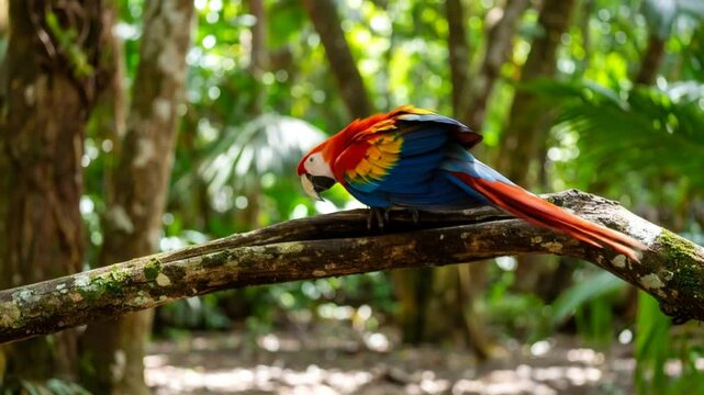 A colorful parrot perched on a mossy branch in a lush green forest
