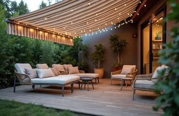 Fototapeta premium Stylish outdoor patio lounge area featuring comfortable wicker furniture with plush cushions under striped awning adorned with warm string lights. Serene garden backdrop enhances inviting relaxation
