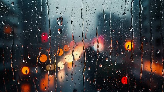 大きな雨滴が透明な窓ガラスをゆっくりと伝いながら流れ、ぼやけた街の灯りが滴に映り込む幻想的で静かな都市の夜景シーン

