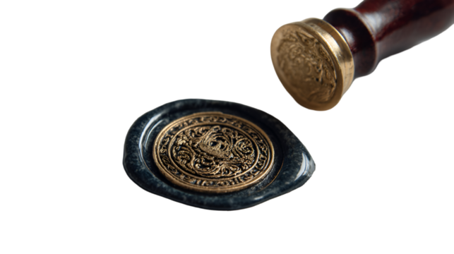 A close up of a wax seal with a wooden handle on a black background showing intricate golden details