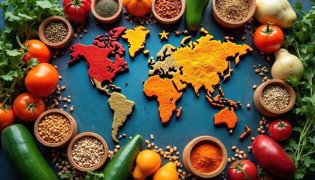 World map crafted from vibrant spices, grains, bordered by fresh vegetables, herbs. Colorful culinary creation celebrates World Food Day, global diversity, healthy ingredients for cooking. - Powered by Adobe