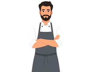 Male chef, dark hair and beard, wearing a grey apron with a white shirt underneath,