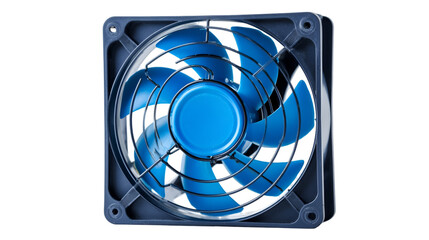 Close up view of a blue computer fan with black frame and metal grill on a black background