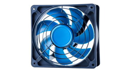 Close up view of a blue computer fan with black frame and metal grill on a black background