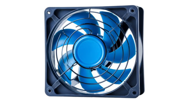 Close up view of a blue computer fan with black frame and metal grill on a black background