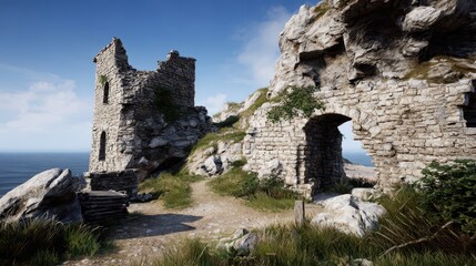Ruined stone tower overlooking a coastal landscape.