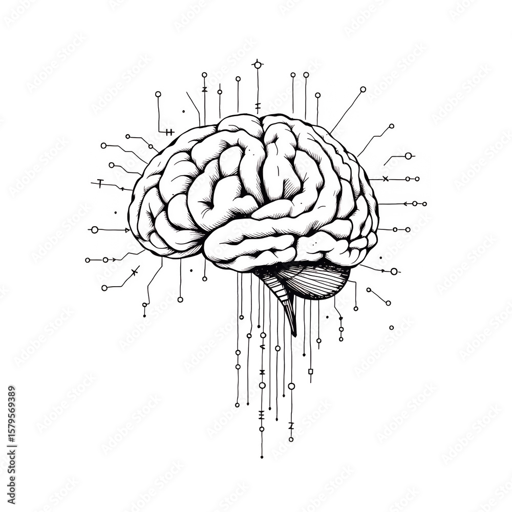 Poster drawing of a human brain with circuit connections and pixelated data streams on transparent backgrou