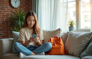 Obraz premium Young Asian girl sits on couch using smartphone. Wears casual attire, orange backpack beside. Bright living room window with sunlight, plant. Appears relaxed, engaged with mobile device.
