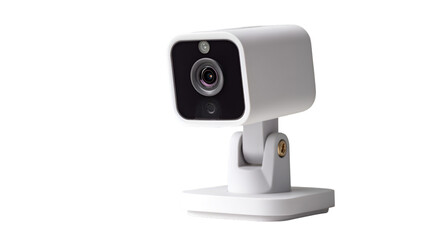 Close up of a white security camera with a black lens on a white background in a studio setting