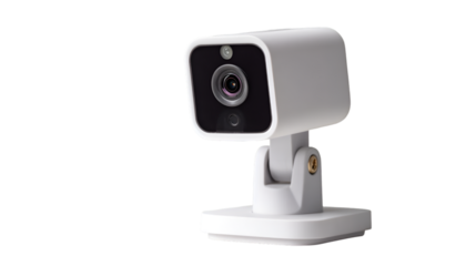 Close up of a white security camera with a black lens on a white background in a studio setting