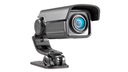 A close up of a security camera with a blue lens against a black background in a studio shot