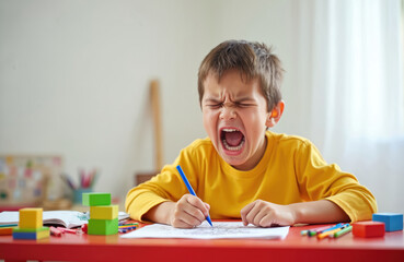 Young boy screams in frustration drawing with colored pencils indoors. Expressive portrait captures childhood anger, challenges. Tantrum conveys developmental struggles, emotional expression.