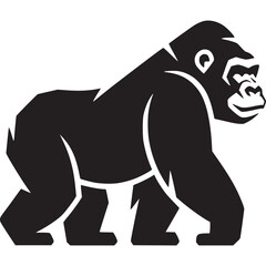 A black silhouette of a gorilla walking on a white background in a side view with its head turned on transparent background © SurrealSee
