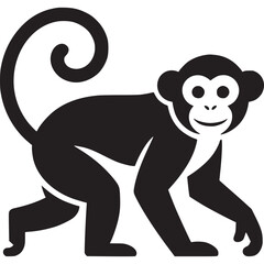A stylized black monkey with a curled tail walking on a white background in a simple vector art style on transparent background