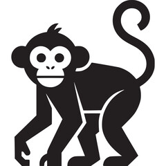 A stylized black and white illustration of a monkey standing on all fours with a curled tail up on transparent background