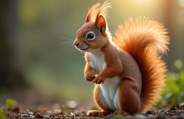 Obraz premium Close-up portrait of cute red squirrel in natural forest setting. Small rodent sitting on ground amidst fallen leaves, green foliage. Soft bokeh background with warm sunlight emphasizes fluffy tail,