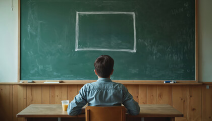Man sits at desk facing blackboard with ADHD written on it. Education concept focused on learning disorder, attention, concentration challenges, and mental health awareness.